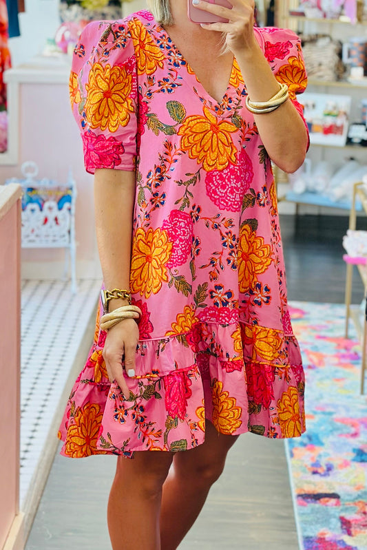 PREORDER Floral Bubble Sleeve V Neck Ruffled Dress