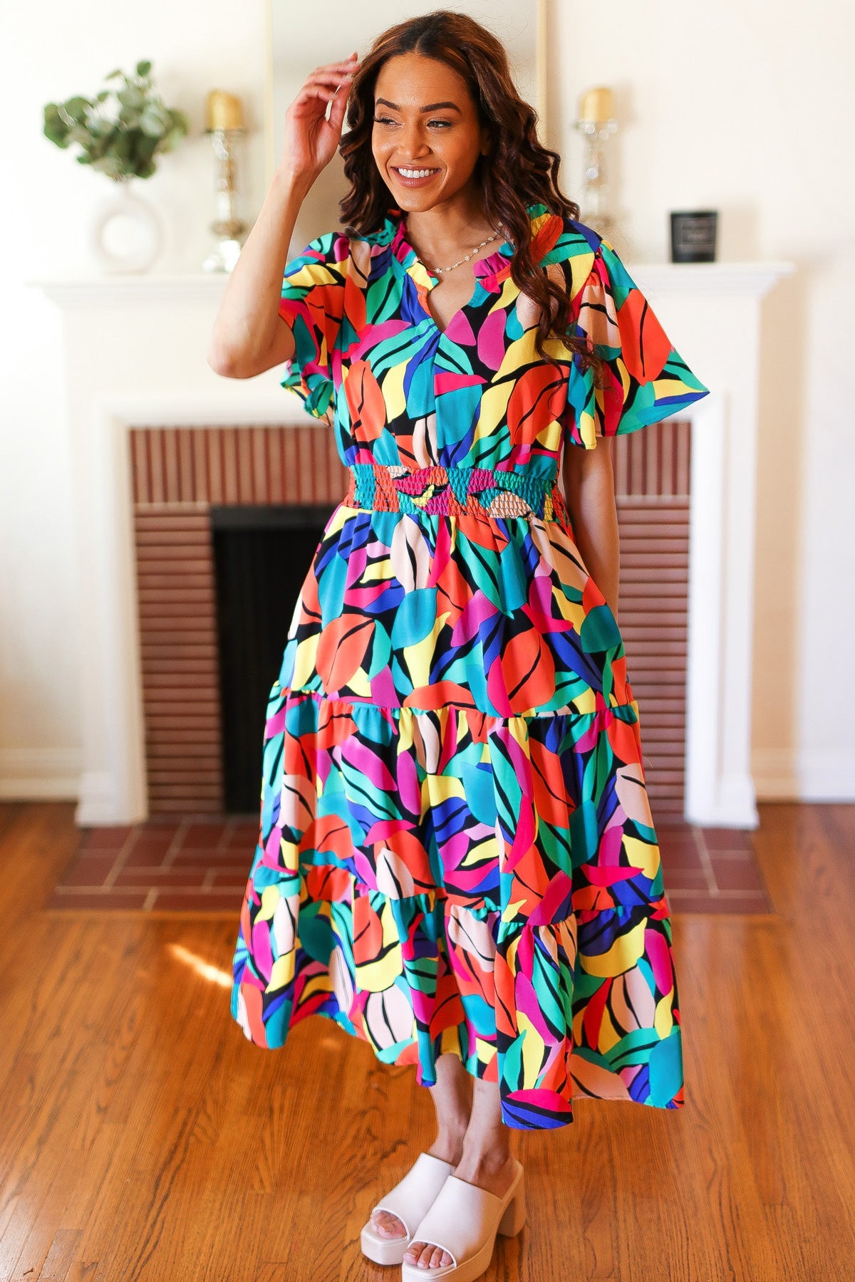 Be Bold Multicolor Abstract Tropical Print Smocked Waist Maxi Dress