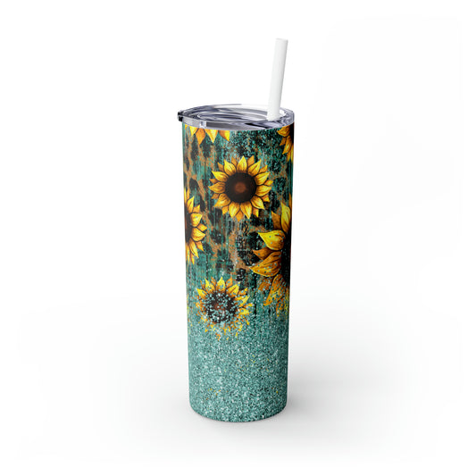Teal Leopard Sunflowers Skinny Tumbler with Straw, 20oz