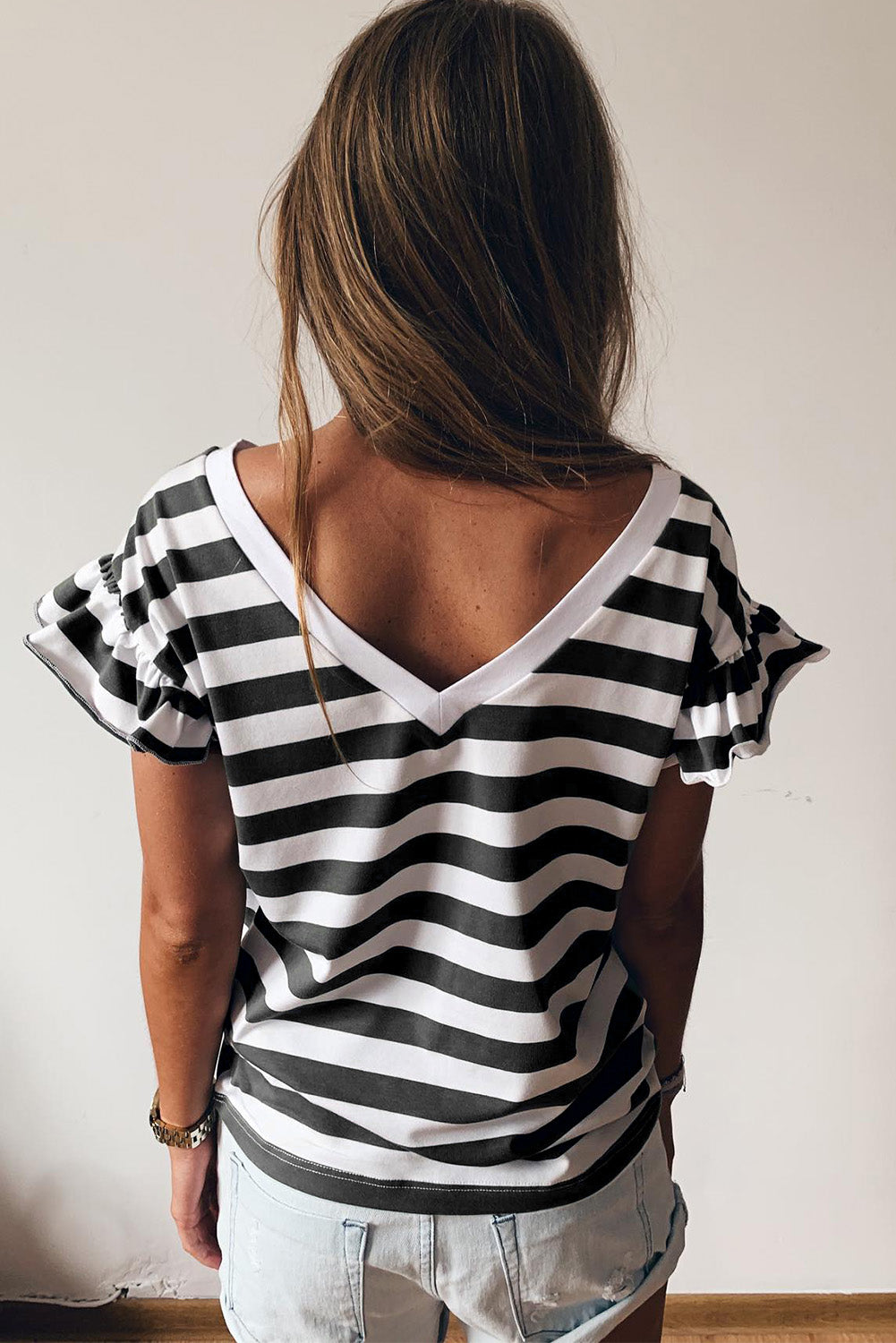 PREORDER Striped V Neck Ruffle Sleeve Top