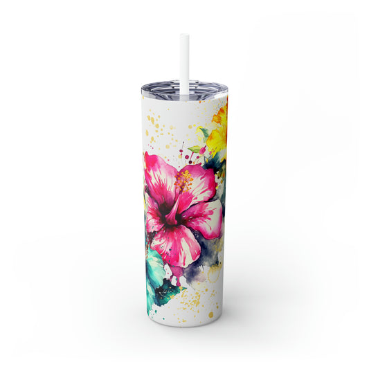 Summery Hibiscus Flowers Skinny Tumbler with Straw, 20oz