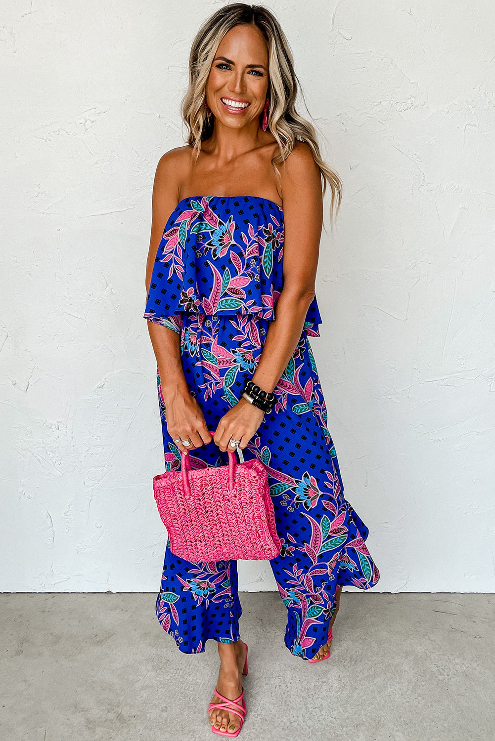 PREORDER Blue Mix Tropical Print Strapless Ruffled Jumpsuit