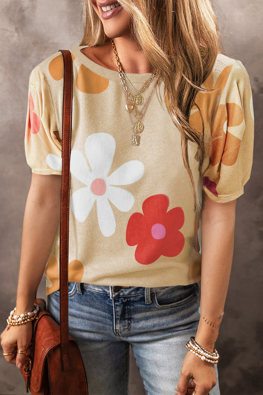 PREORDER Apricot Flower Print Bubble Sleeve Tee