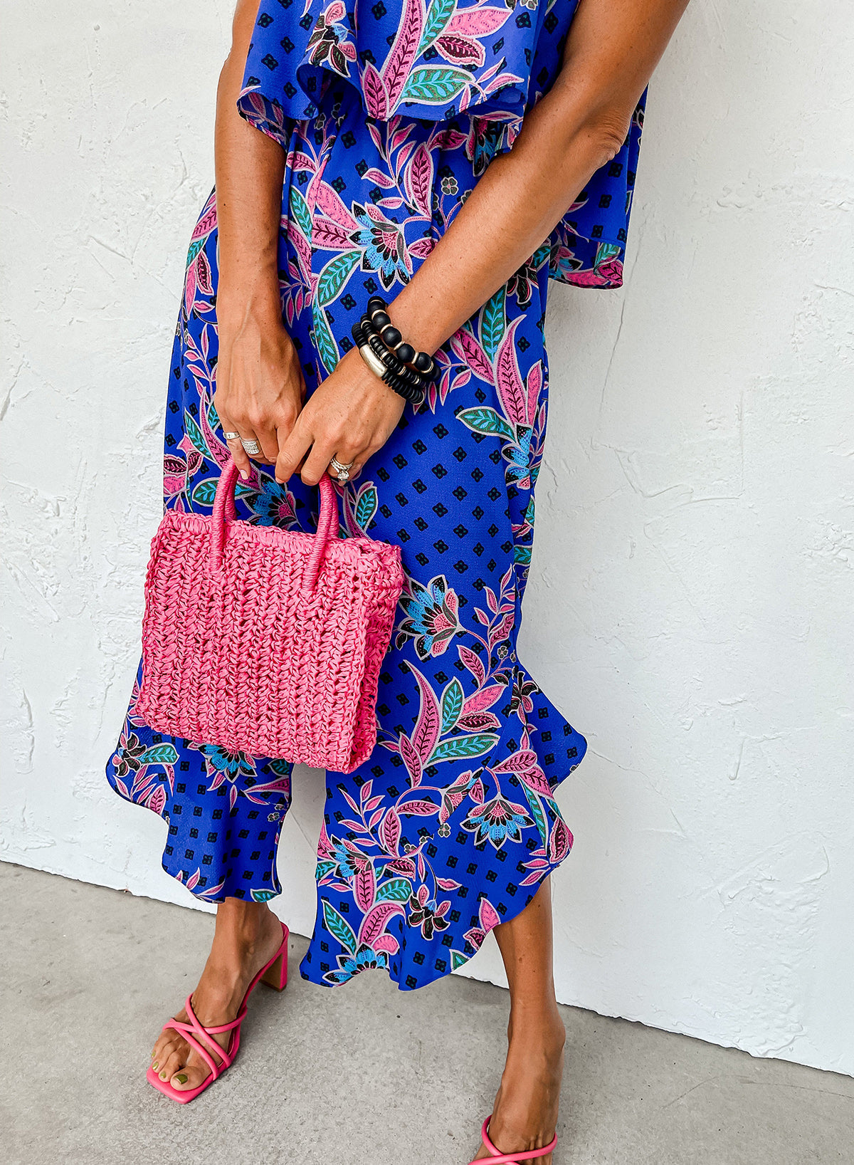 PREORDER Blue Mix Tropical Print Strapless Ruffled Jumpsuit