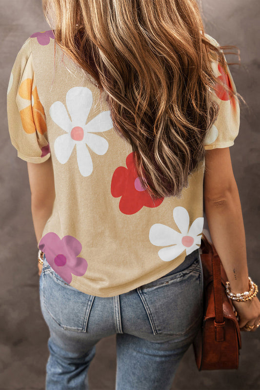 PREORDER Apricot Flower Print Bubble Sleeve Tee