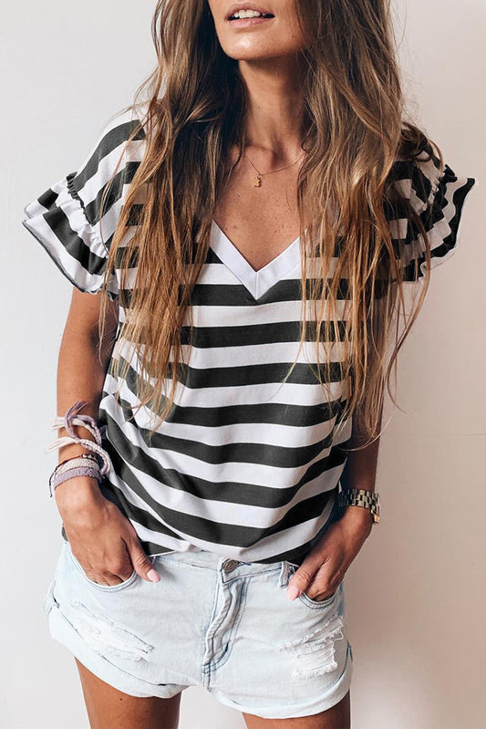 PREORDER Striped V Neck Ruffle Sleeve Top
