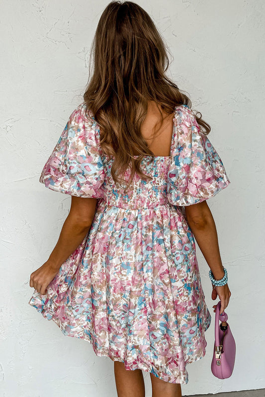 PREORDER Pink Floral Puff Sleeve Square Neck Smock Ruffled Dress