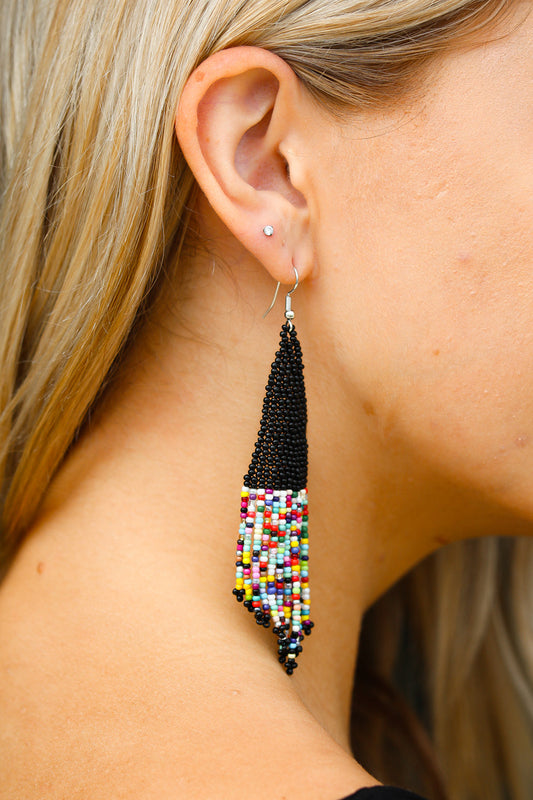 Black & Multicolor Beaded Pyramid Drop Earrings