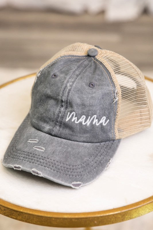 Cursive Mama Embroidered Messy Bun Hat Cap