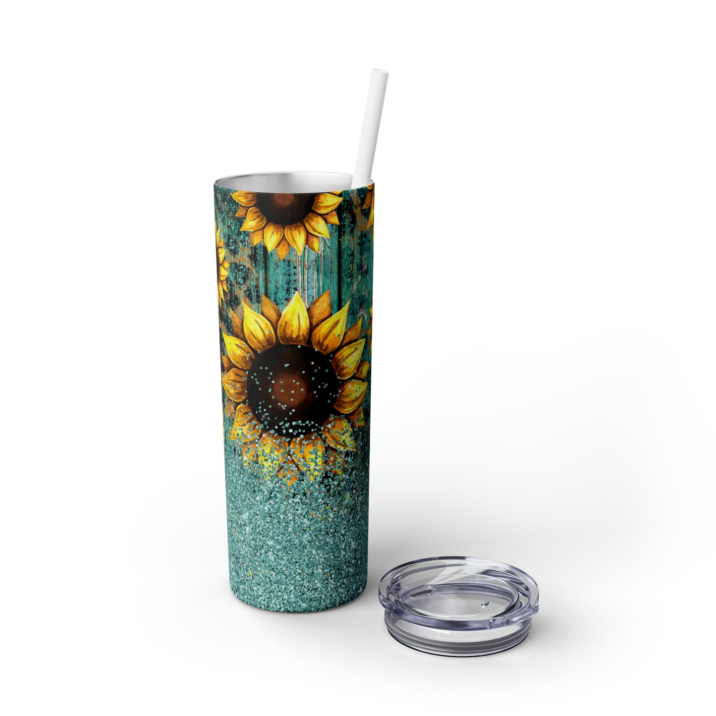 Teal Leopard Sunflowers Skinny Tumbler with Straw, 20oz