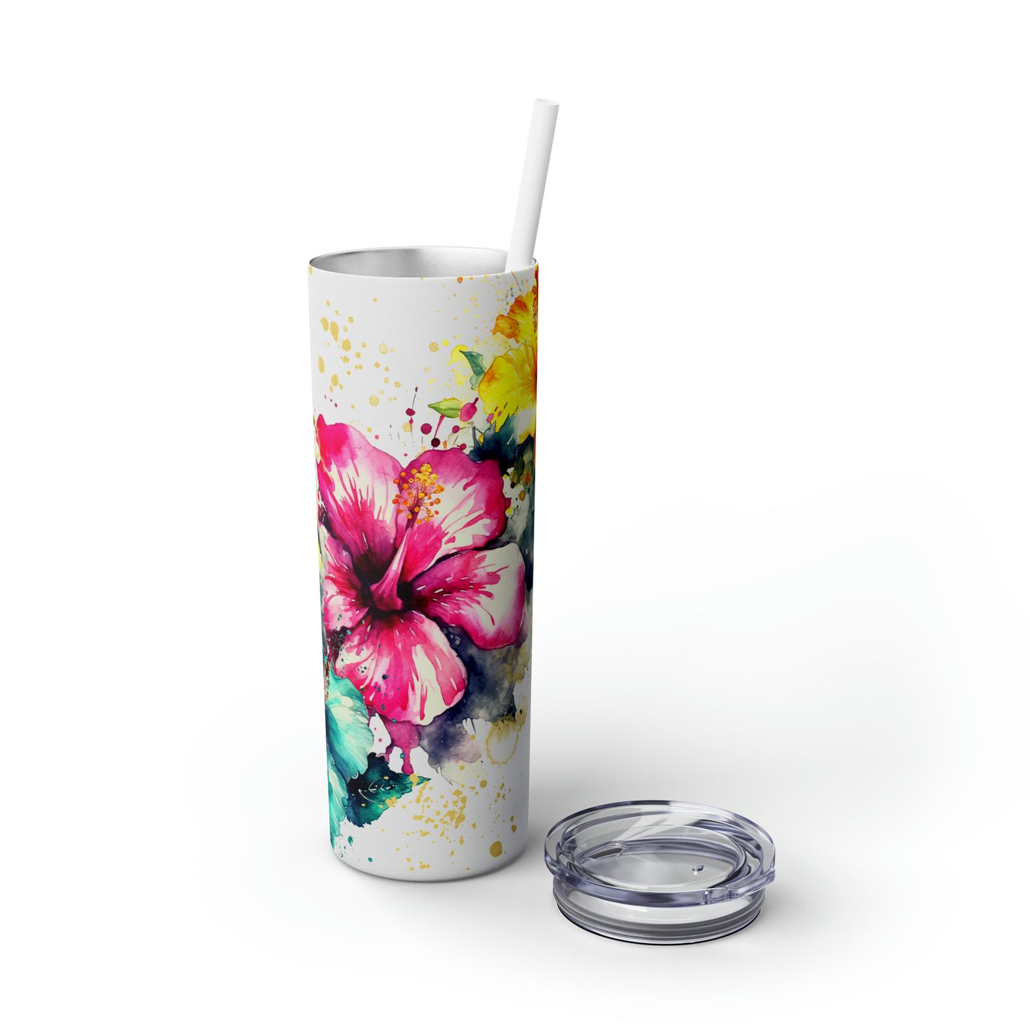 Summery Hibiscus Flowers Skinny Tumbler with Straw, 20oz