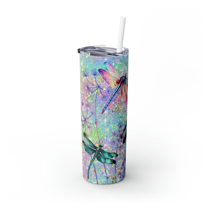 Whimsical Dragonflies Glitter Skinny Tumbler with Straw, 20oz