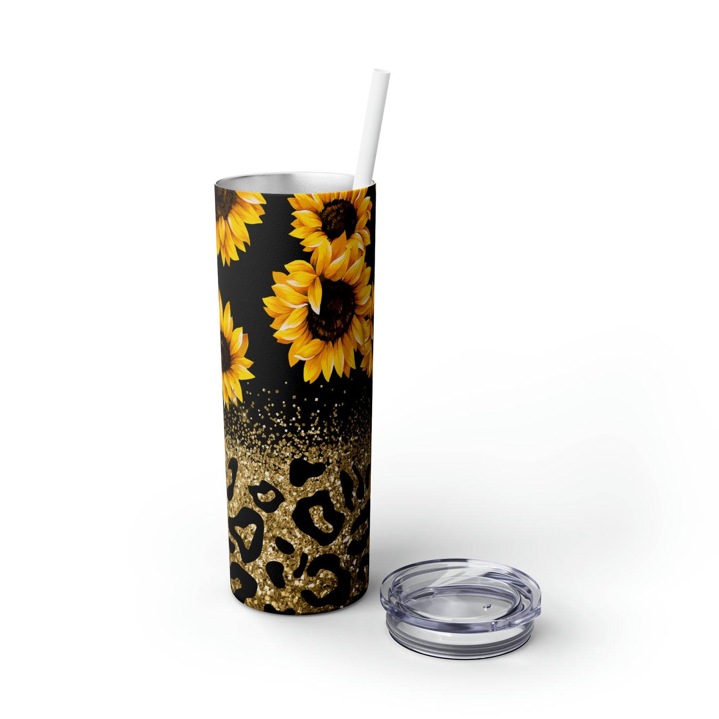 Leopard Gold Glitter Sunflower Skinny Tumbler with Straw, 20oz