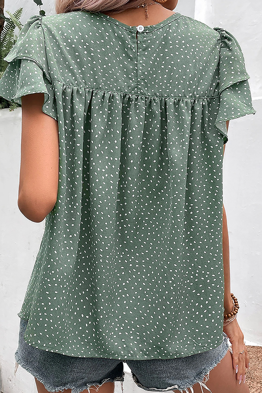 PREORDER Dotted Ruffle Sleeve Crew Neck Ruched Blouse