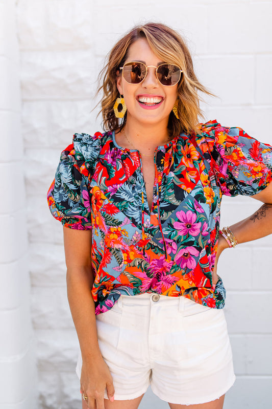 PREORDER Floral Ruffle Trim Bubble Sleeve Top