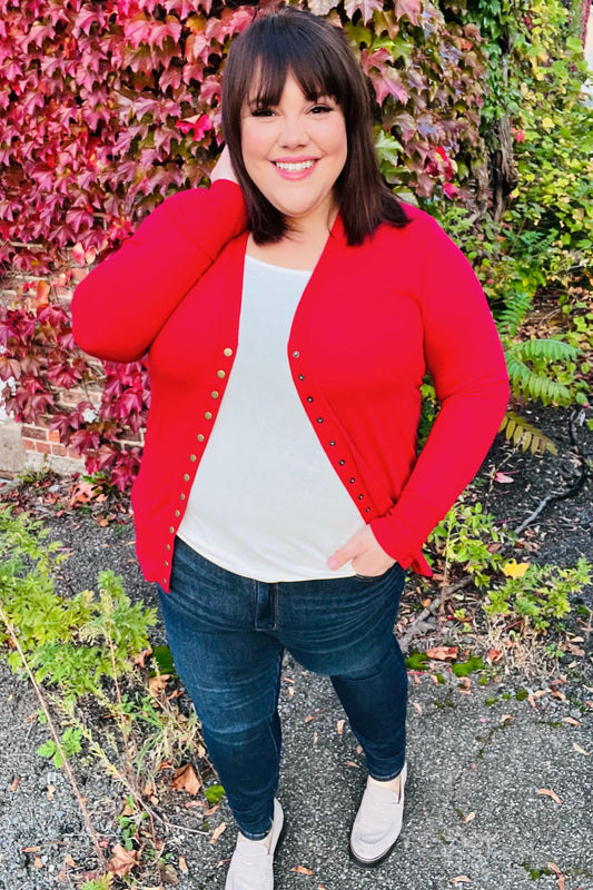 Day On The Town Red Snap Button Rib Cardigan
