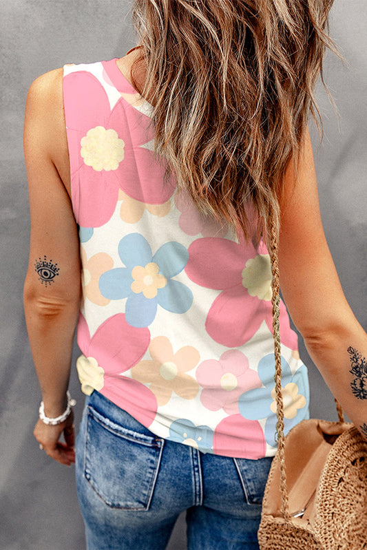 PREORDER Pink Floral Print Round Neck Sleeveless Top