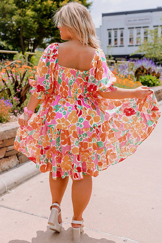 PREORDER Curvy Floral Print Smocked Ruffle Dress