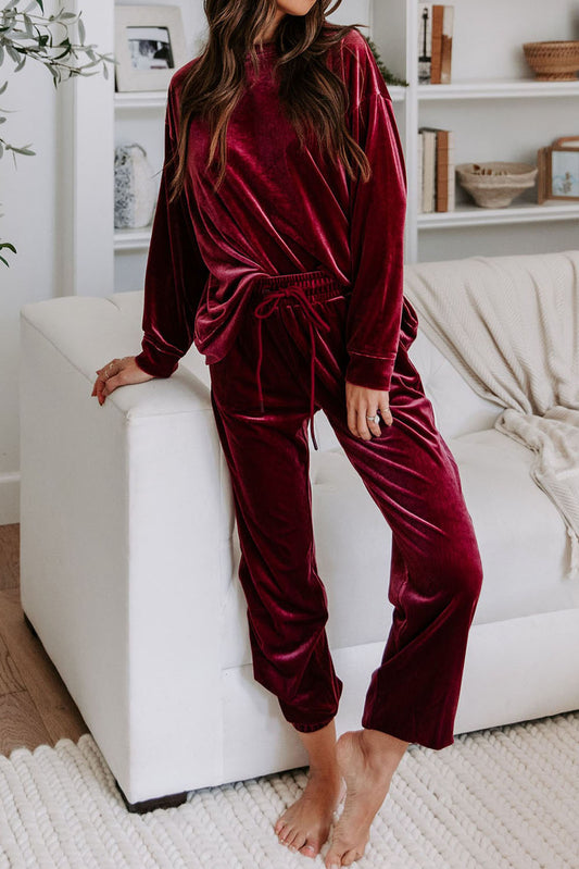 Fiery Red Solid Velvet Two Piece Lounge Set