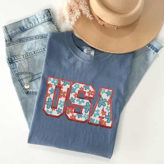 USA Embroidered Look Garment Dyed Graphic Tee