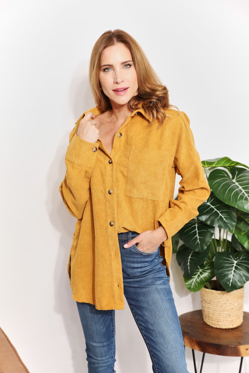 Oversized Corduroy  Button-Down Tunic Shirt with Bust Pocket