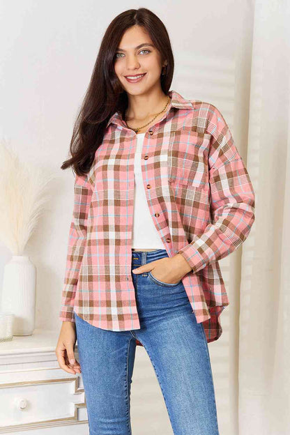 Plaid Collared Neck Long Sleeve Button-Up Shirt