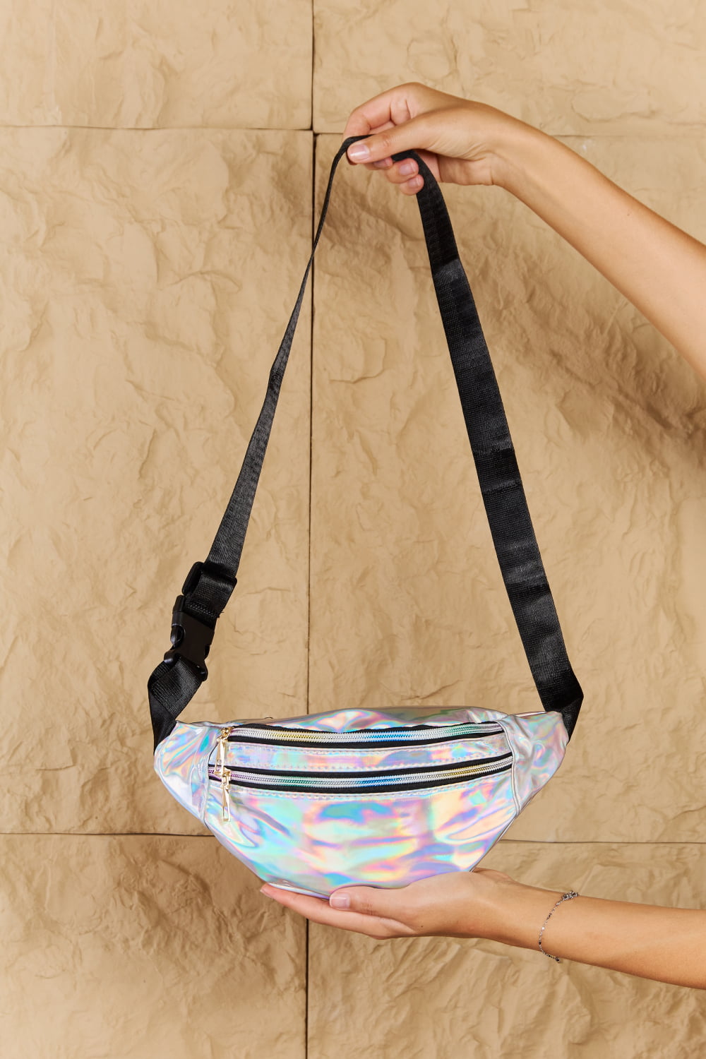 Good Vibrations Holographic Double Zipper Fanny Pack in Silver