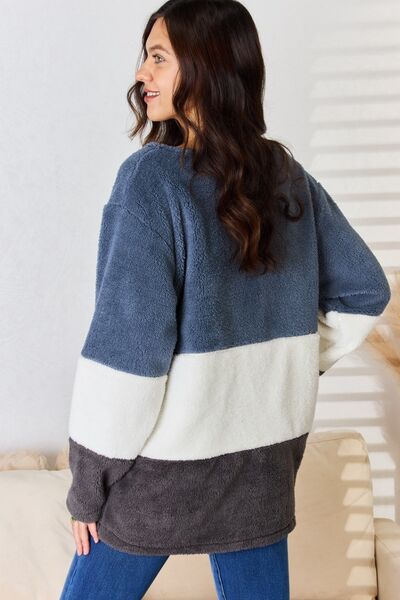 Faux Fur Color Block V-Neck Sweater