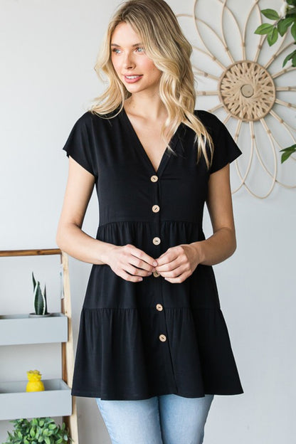 Buttoned V-Neck Tiered Top
