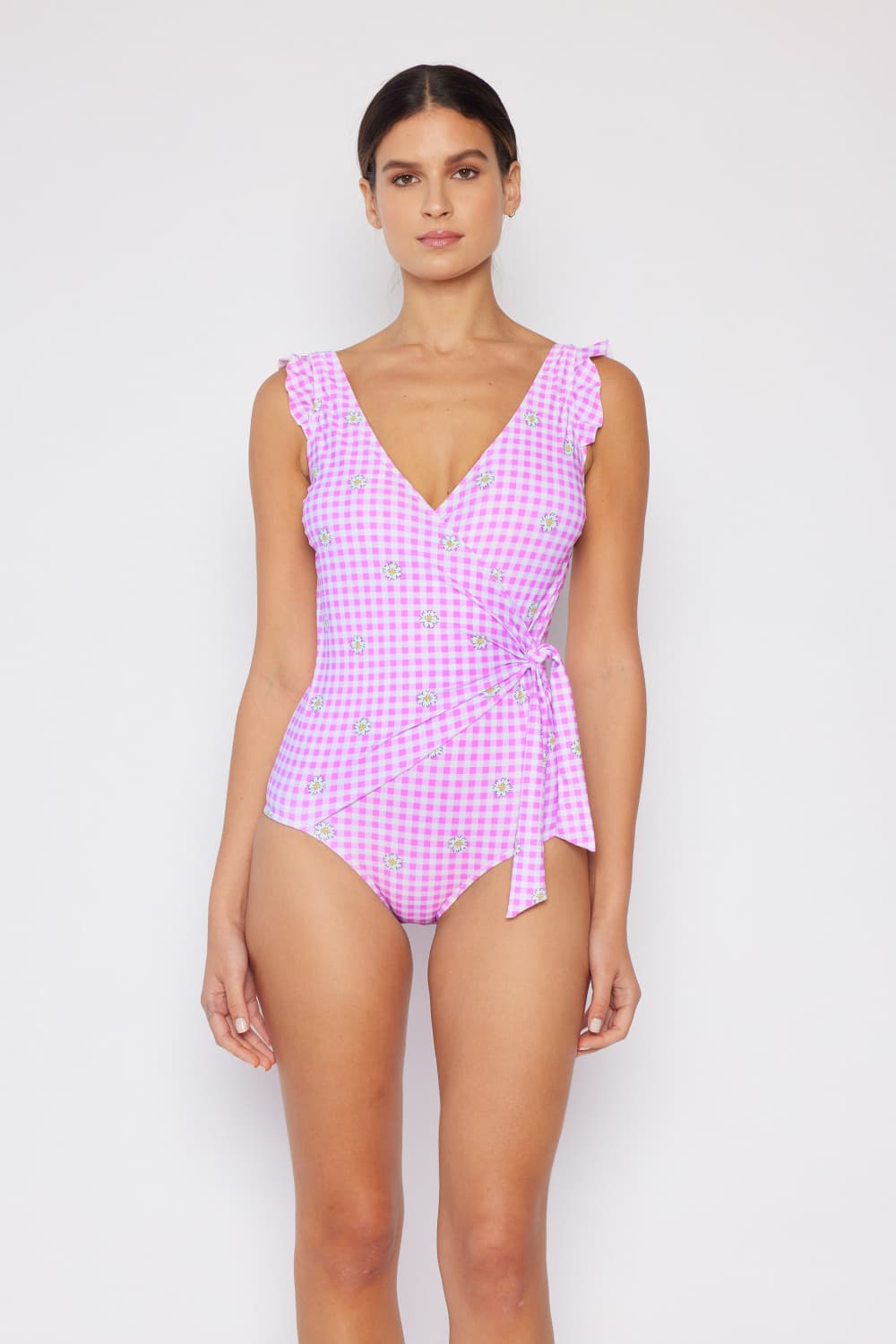 Float On Ruffle Faux Wrap One-Piece in Carnation Pink