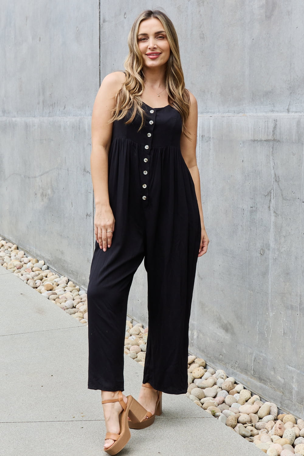 All Day Wide Leg Button Down Jumpsuit in Black