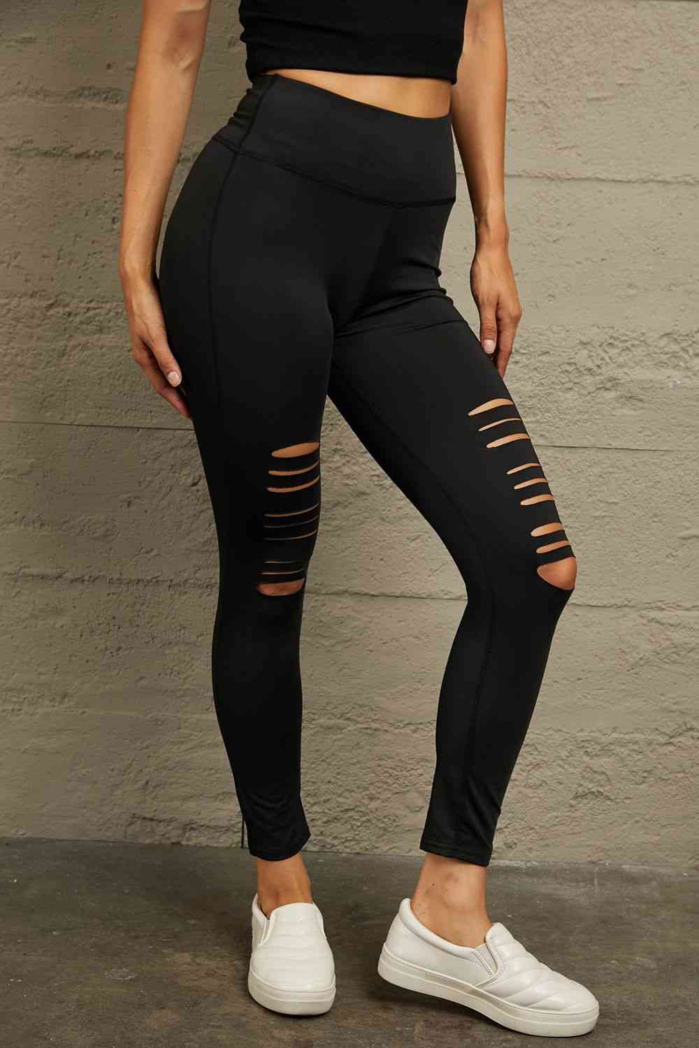 PREORDER Wide Waistband Distressed Slim Fit Leggings
