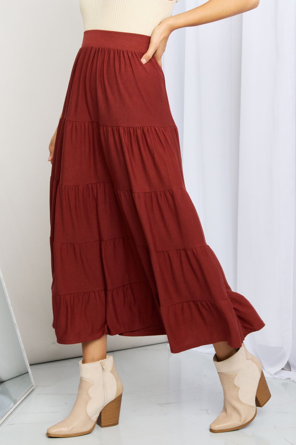 Wide Waistband Tiered Midi Skirt