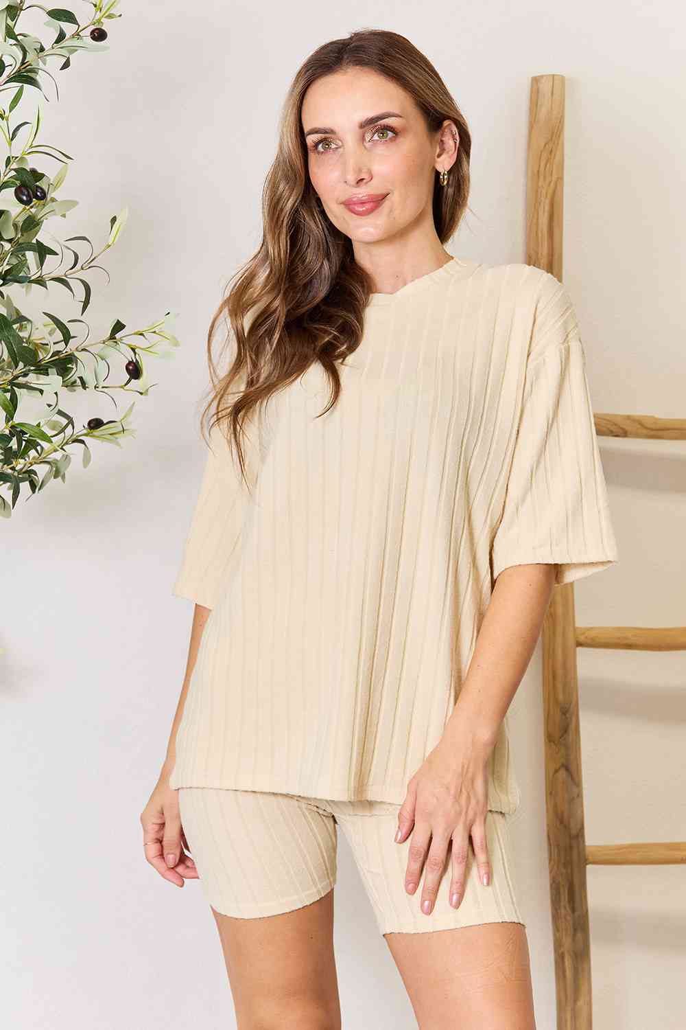 Ribbed Round Neck Top and Shorts Lounge Set