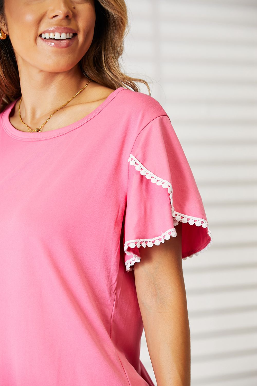 Pom-Pom Trim Flutter Sleeve Round Neck T-Shirt