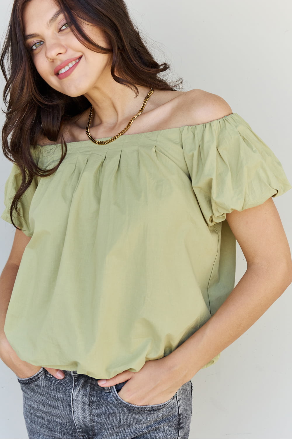 Light The Way Off The Shoulder Puff Sleeve Blouse in Lime
