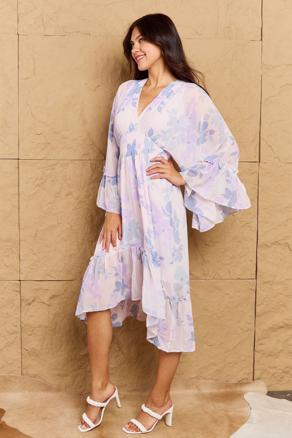 Take Me With You Floral Bell Sleeve Midi Dress in Blue