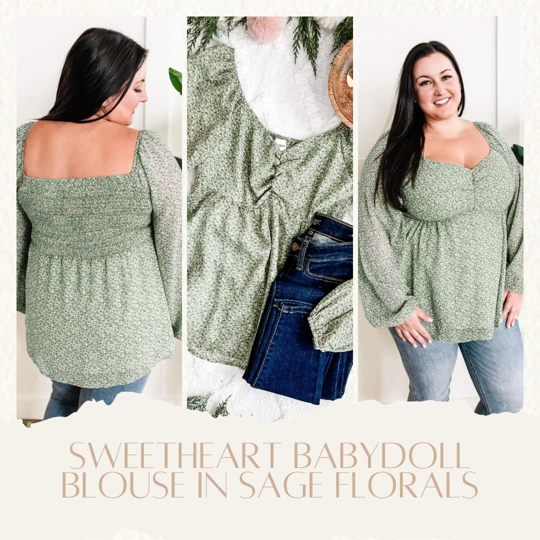 Sweetheart Babydoll Blouse In Sage Florals