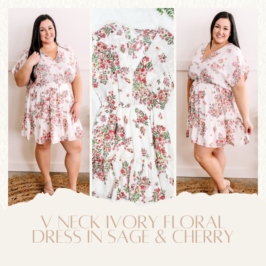 V Neck Ivory Floral Dress In Sage & Cherry