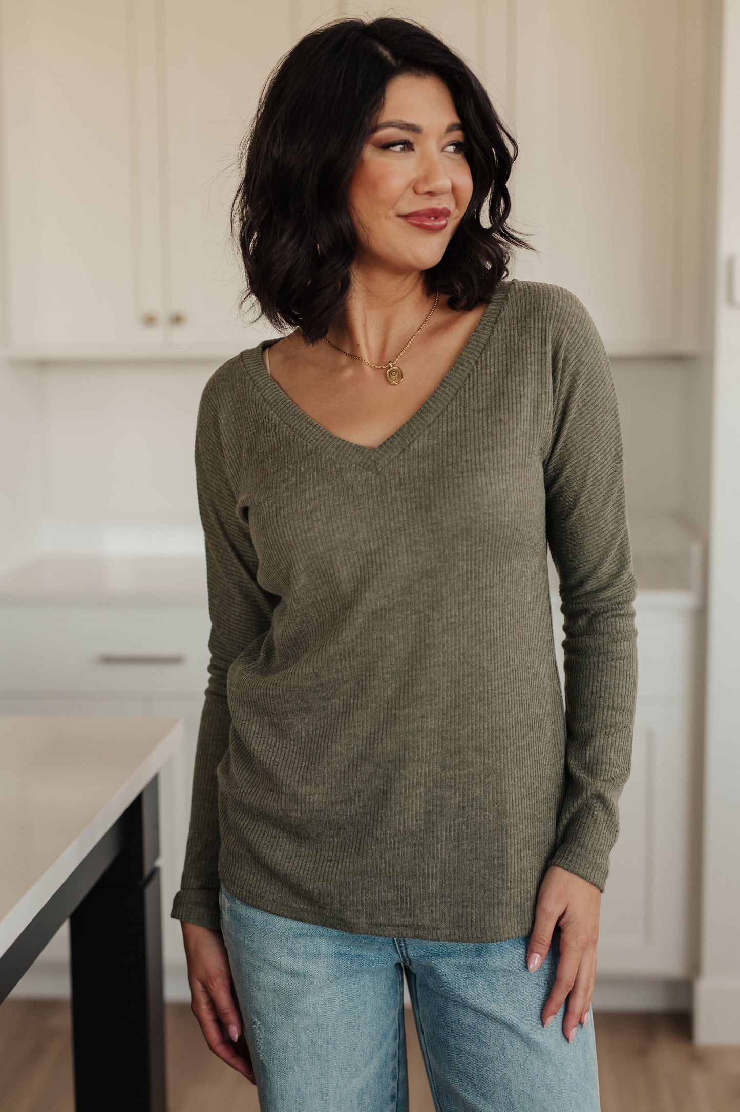 On a Roll Ribbed Knit V Neck Long Sleeve Top