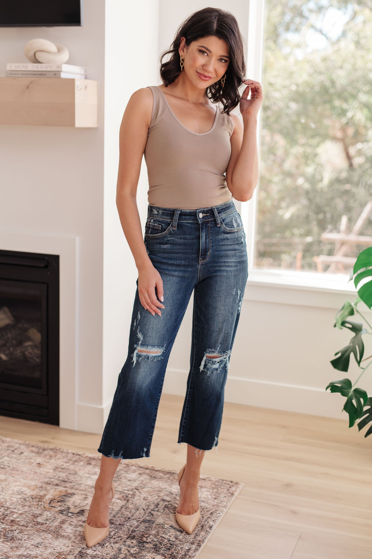 Judy Blue Whitney High Rise Distressed Wide Leg Crop Jeans