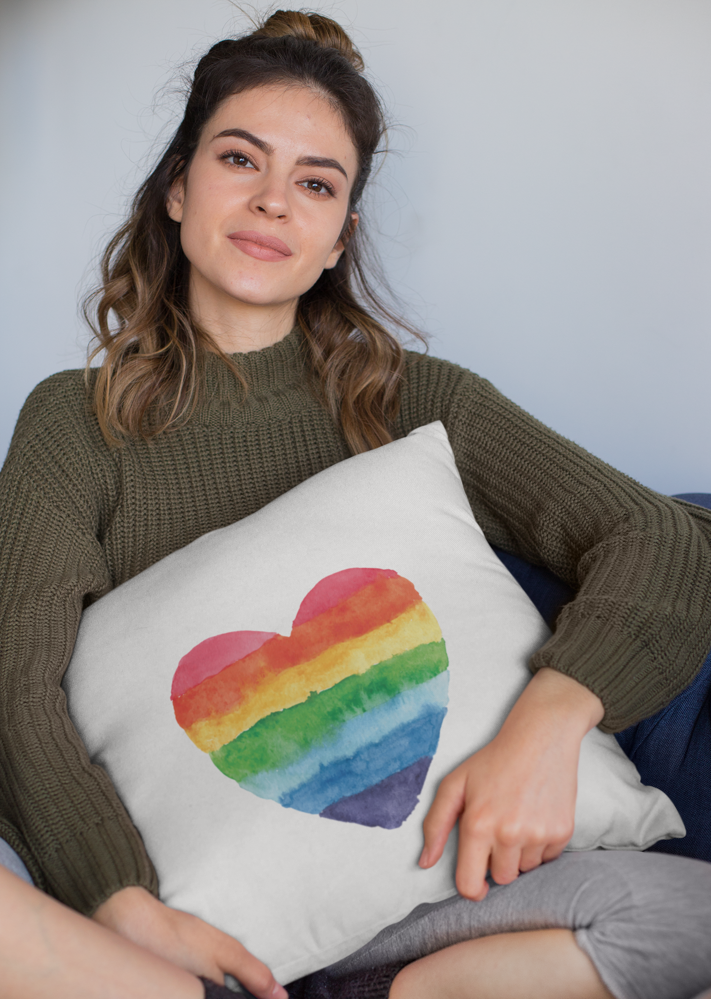 Watercolor Rainbow Heart Square Pillow Cover
