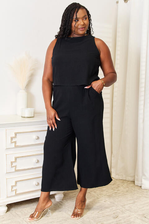 Buttoned Round Neck Tank and Wide Leg Pants Set