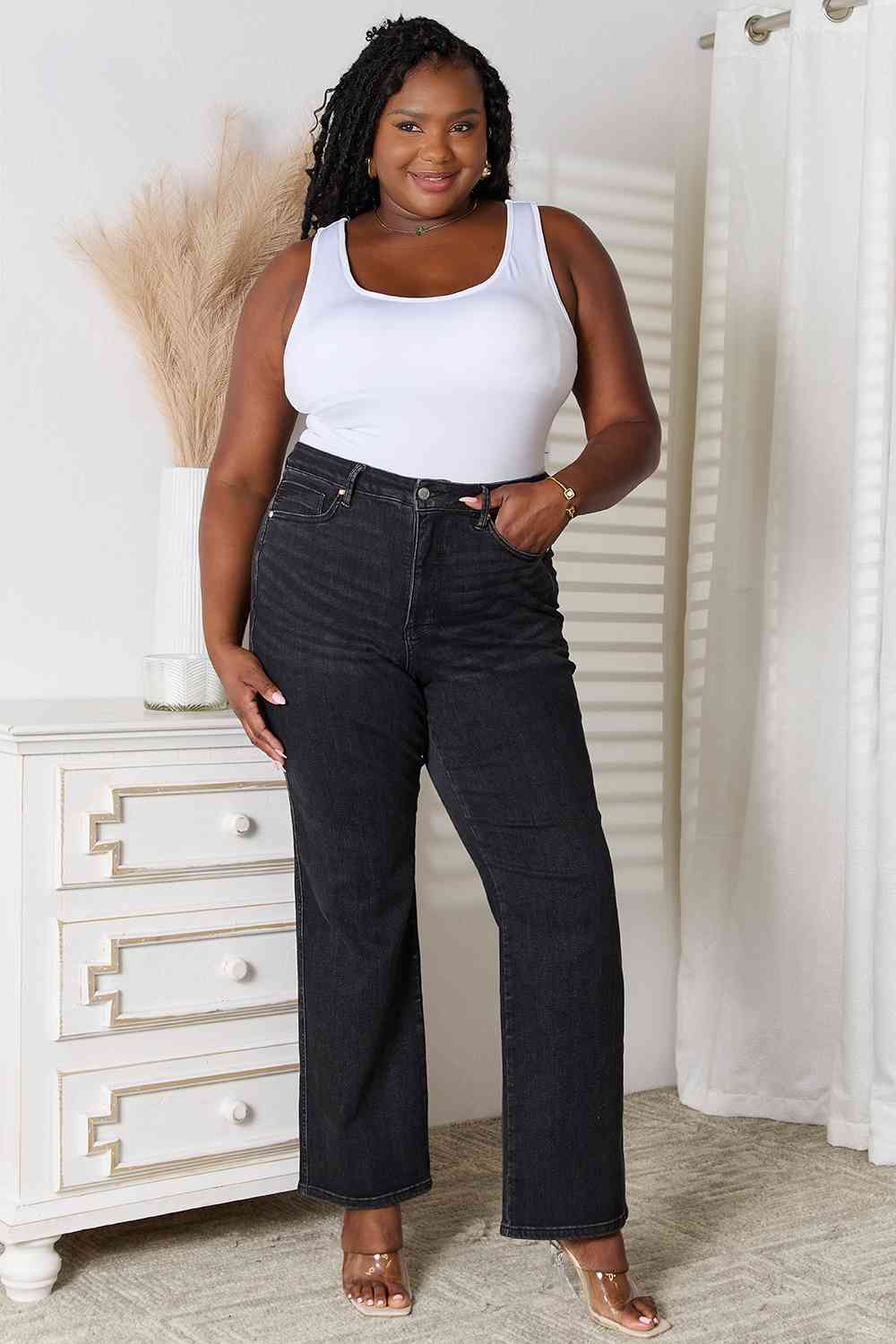 Judy Blue Tummy Control Washed Black Straight Jeans