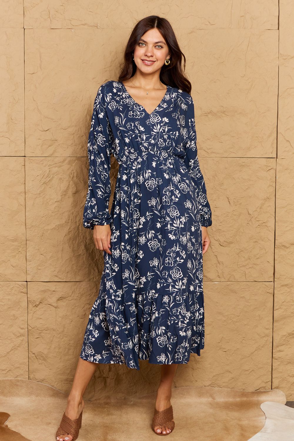 Night Out Balloon Sleeve Floral Midi Dress