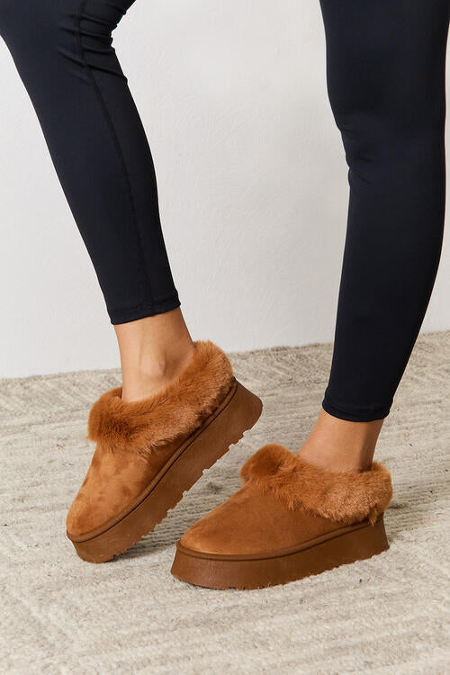 Furry Chunky Platform Slipper Boots | Camel